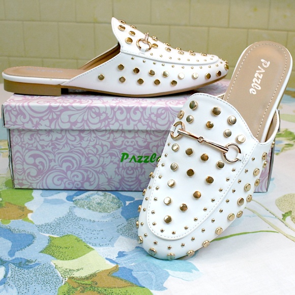 Pazzle Shoes - Gold Studded White Loafer Mule NIB